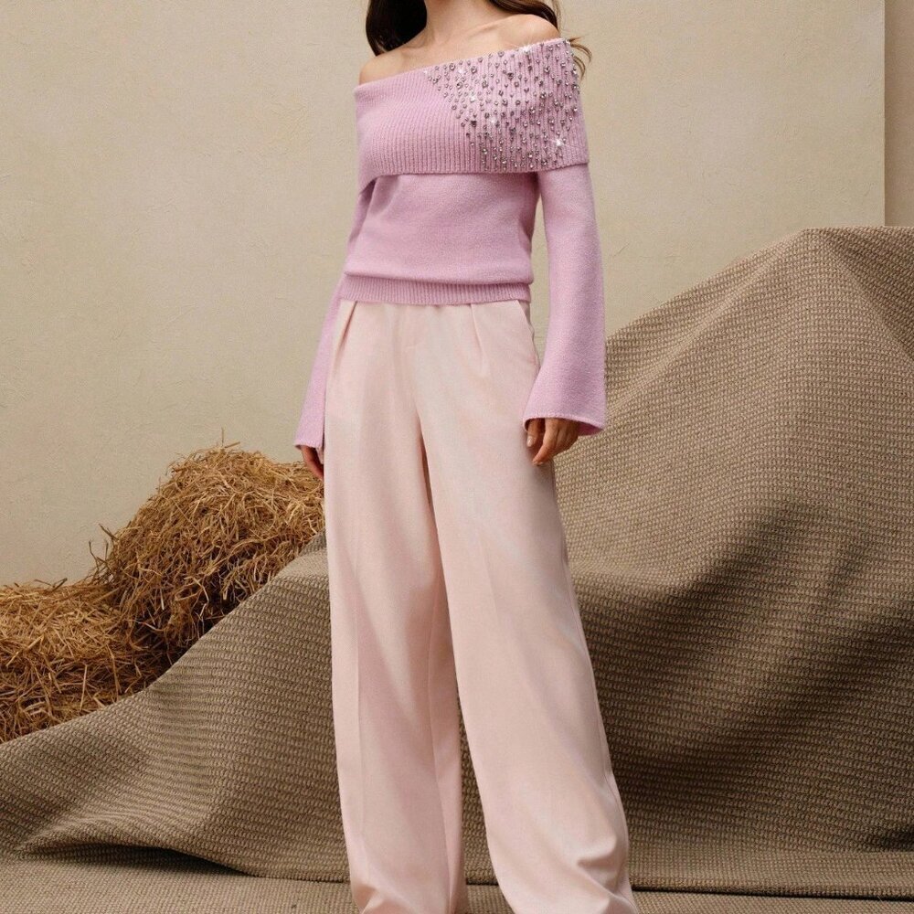 Baby Pink Elegant Casual Women's Off-Shoulder Rhinestone Knit Sweater